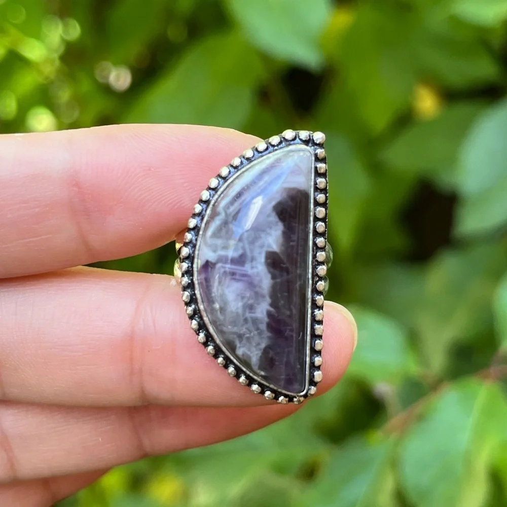 Size 6.75 925 silver plated half‎ moon amethyst ring